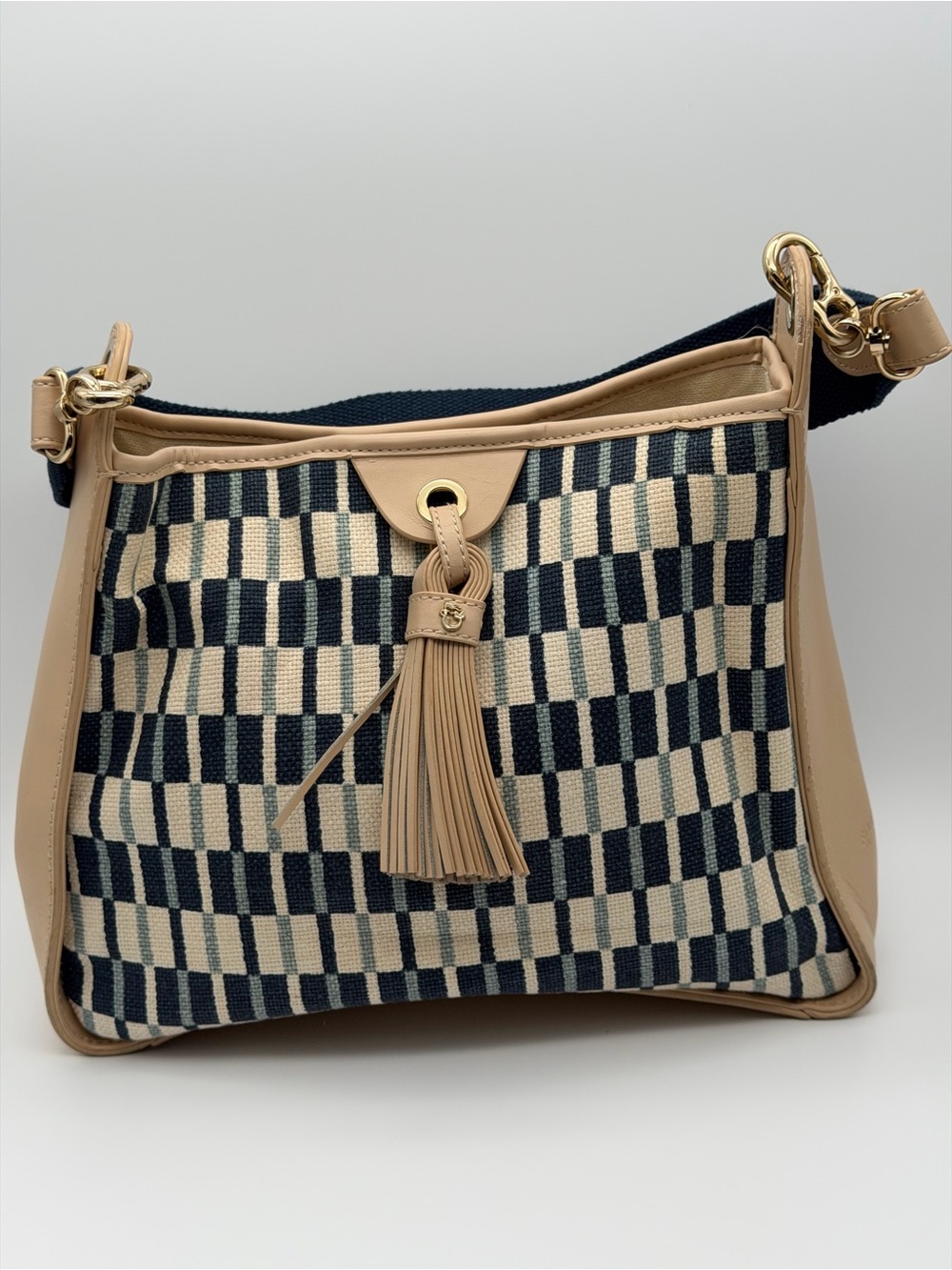 Spartina 449 Beige and Navy Checker Tassel Shoulder Bag
